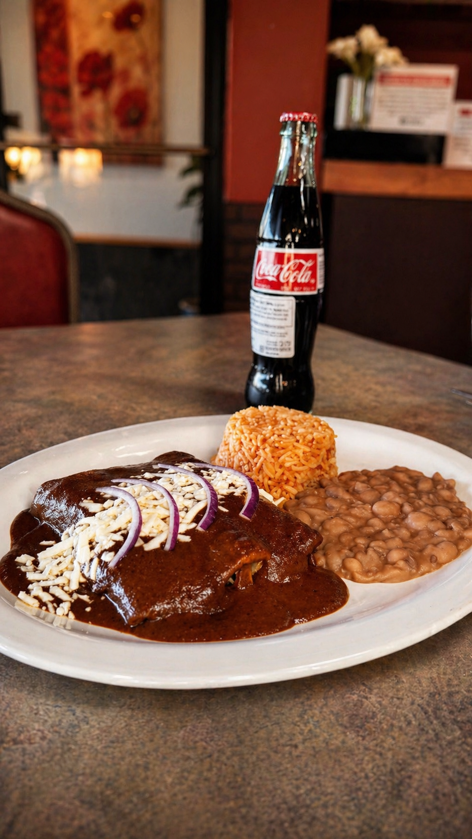 Enchiladas de Mole Poblano with rice, beans, queso fresco, and red onion, served with a Mexican Coca-Cola