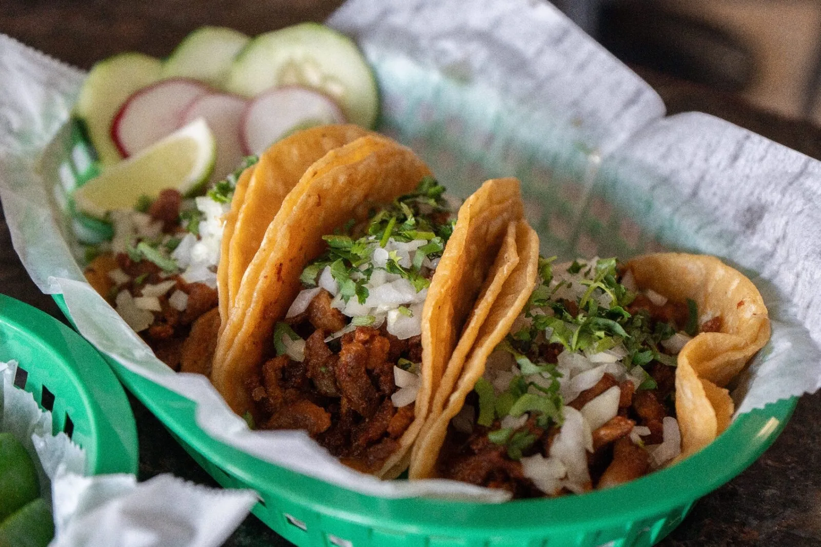 Street tacos al pastor with onion and cilantro